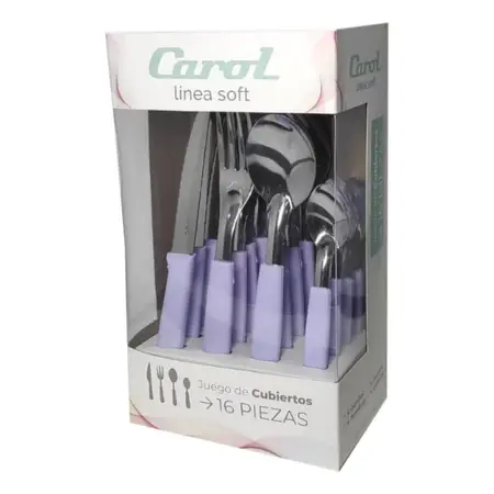 Set X16 Cubiertos Carol Soft Caja Acero Inox. Mango Plástico Lila