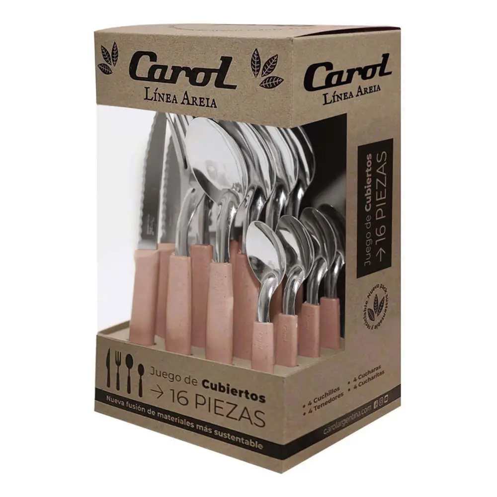 Set X16 Cubiertos Carol Soft Caja Acero Inox. Mango Plástico Rosa Areia