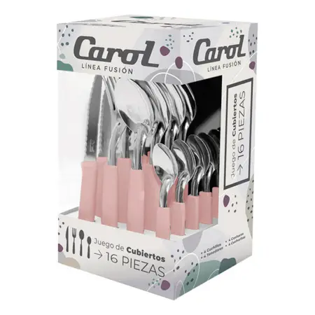 Set X16 Cubiertos Carol Soft Caja Acero Inox. Mango Plástico Rosa fusion