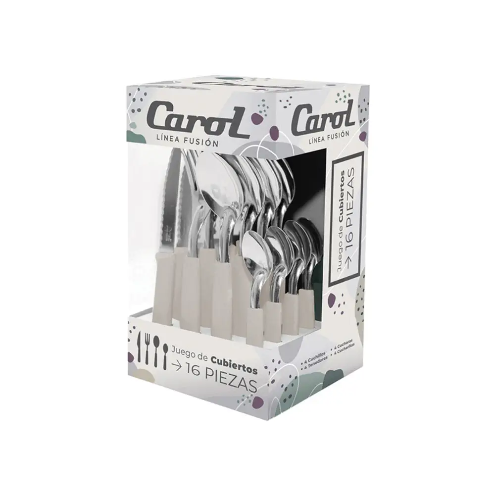 Set X16 Cubiertos Carol Soft Caja Acero Inox. Mango Plástico Tiza Fusion