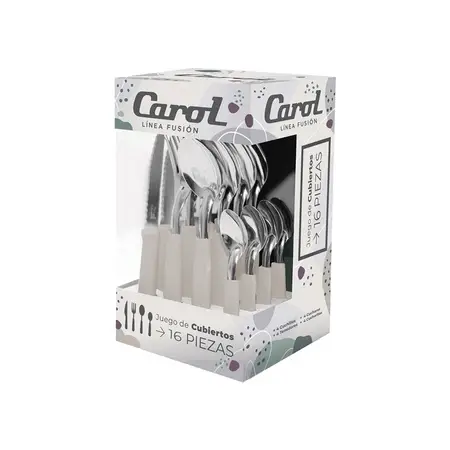 Set X16 Cubiertos Carol Soft Caja Acero Inox. Mango Plástico Tiza Fusion