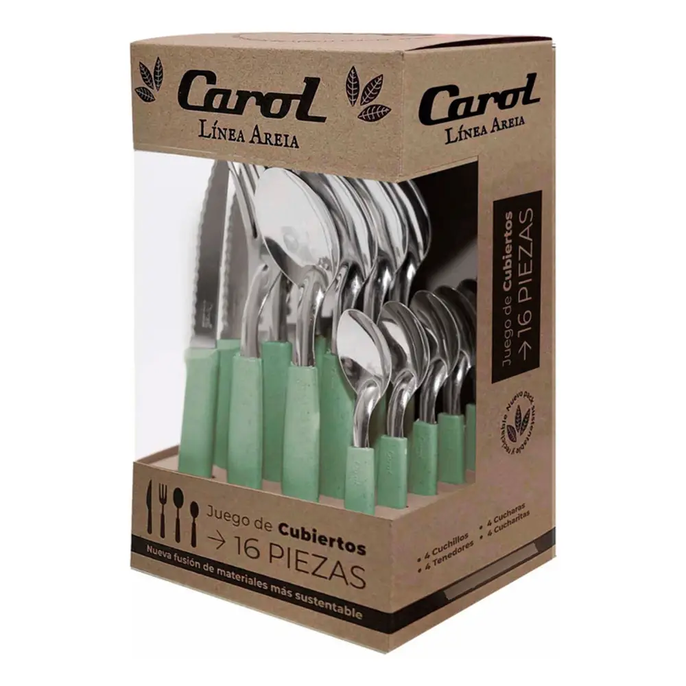 Set X16 Cubiertos Carol Soft Caja Acero Inox. Mango Plástico Verde Areia