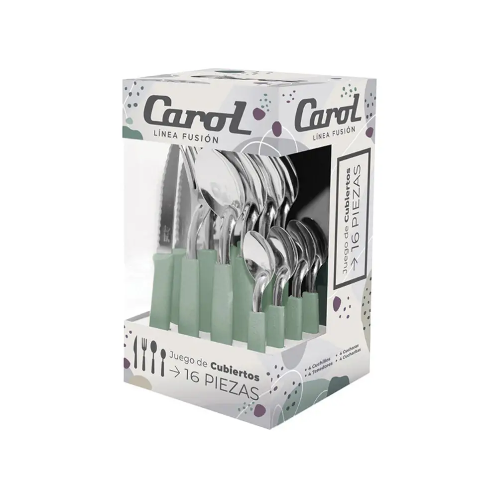 Set X16 Cubiertos Carol Soft Caja Acero Inox. Mango Plástico Verde Fusion