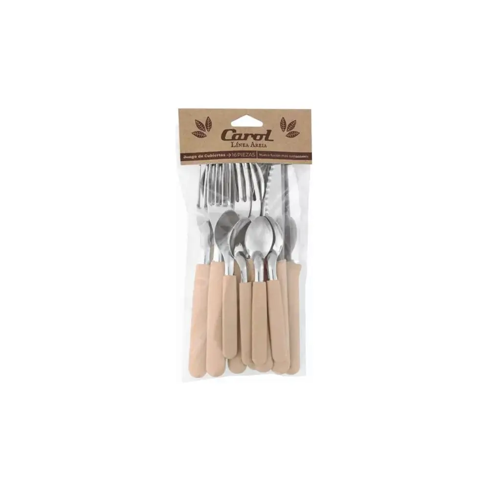 Set X16 Cubiertos Carol Soft Cuchillo Tenedor Mango Plastico Damasco Areia