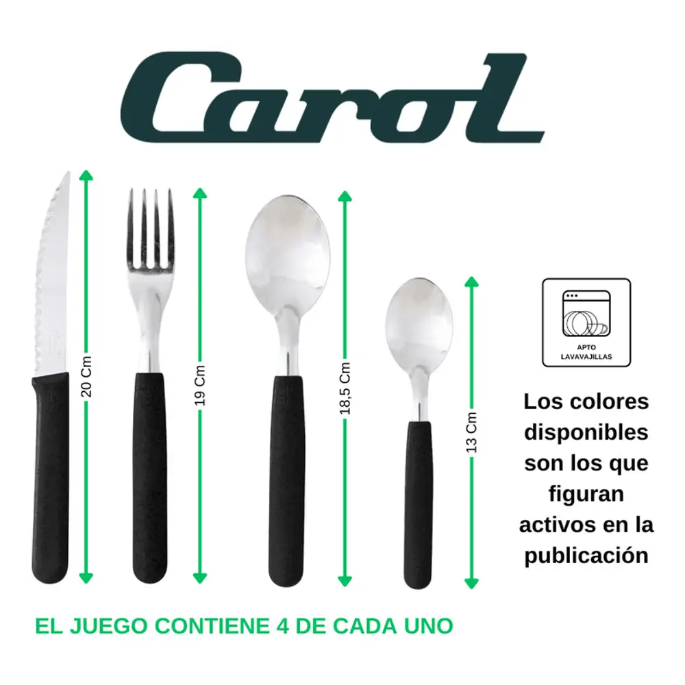 Set X16 Cubiertos Carol Soft Cuchillo Tenedor Mango Plastico Gris