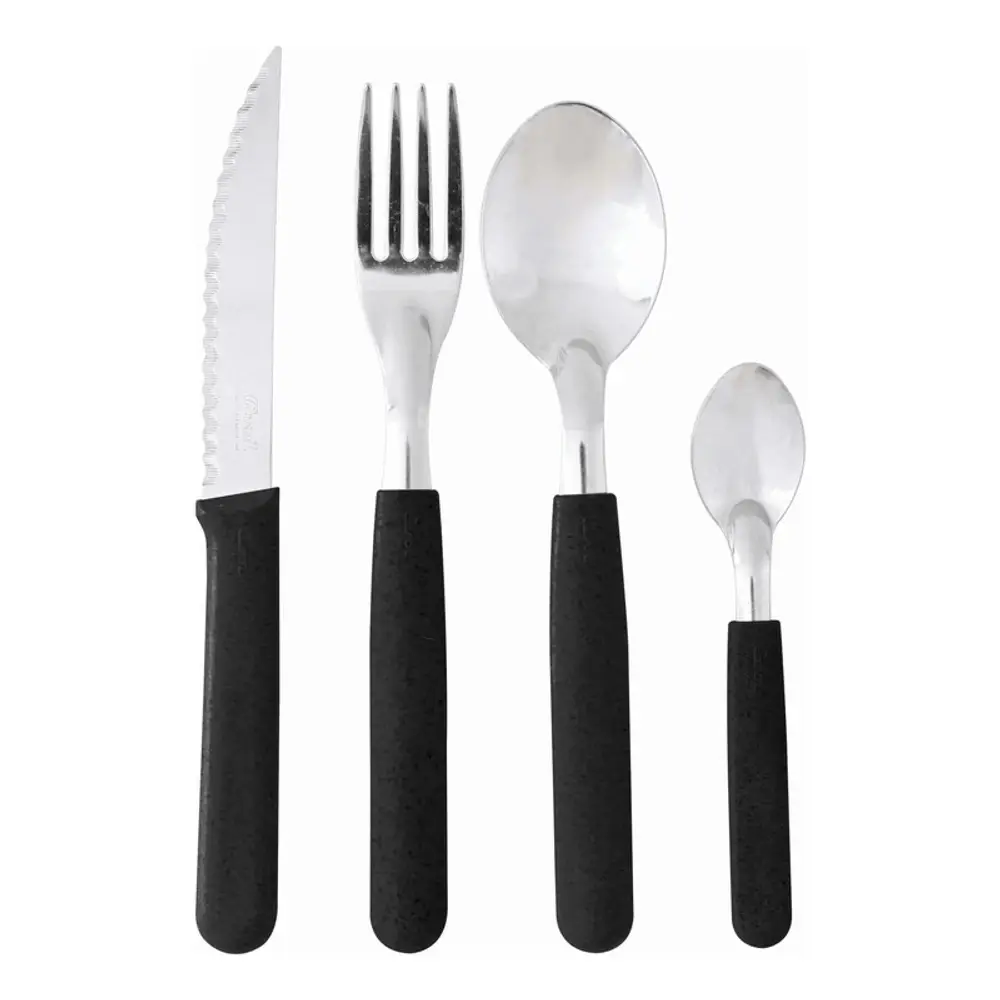 Set X16 Cubiertos Carol Soft Cuchillo Tenedor Mango Plastico Negro Fusion