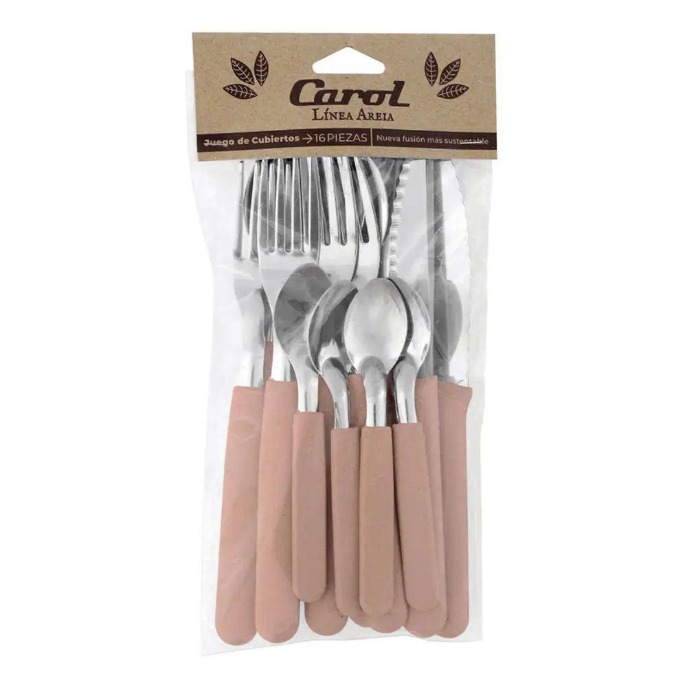 Set X16 Cubiertos Carol Soft Cuchillo Tenedor Mango Plastico Rosa Areia