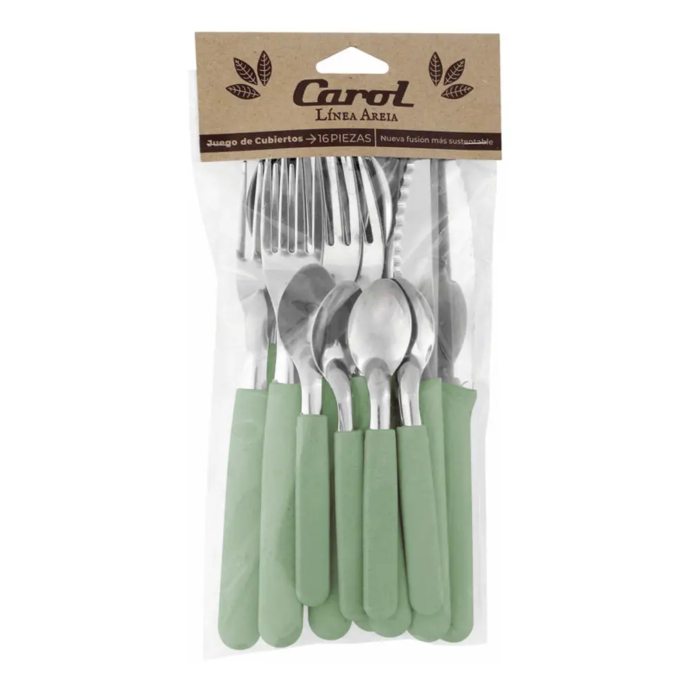 Set X16 Cubiertos Carol Soft Cuchillo Tenedor Mango Plastico Verde Areia
