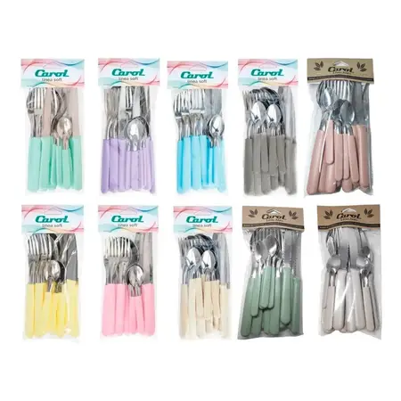 Set X16 Cubiertos Carol Soft Cuchillo Tenedor Mango Plastico Violeta