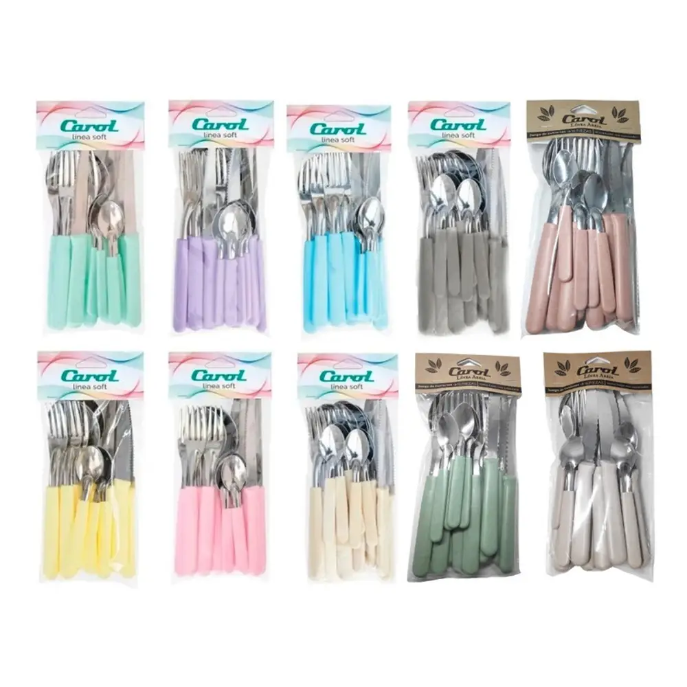 Set X16 Cubiertos Carol Soft Cuchillo Tenedor Mango Plastico Violeta