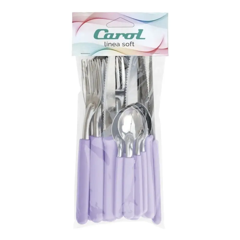 Set X16 Cubiertos Carol Soft Cuchillo Tenedor Mango Plastico Violeta