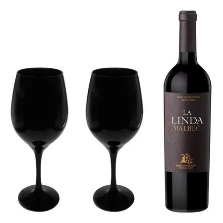 Vino La Linda Malbec 750ml + 2 Copas Barone Negra 490ml Reg! Negro