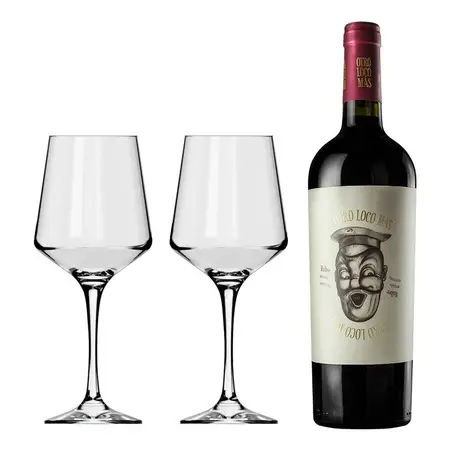Vino Otro Loco Mas 750ml + 2 Copas Vidrio Brunello 490ml